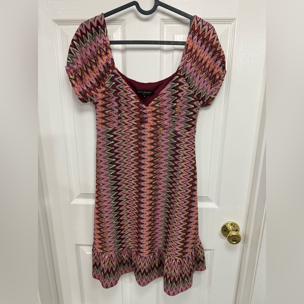 Vintage Betsey Johnson Puff Sleeve Multicolor Chevron Dress S 90s Boho babydoll